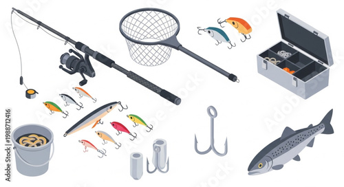 Fishing equipment set with rod reel lures net and tackle box.