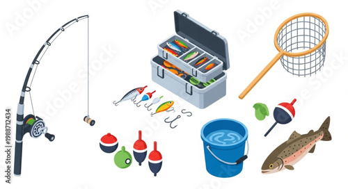 Fishing equipment set with rod tackle box net and fish.