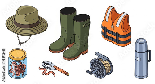 Fishing gear and equipment collection for outdoor activity and recreation.