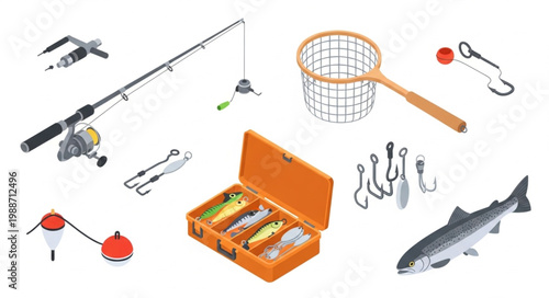 Fishing Gear and Equipment Collection Isolated on White.