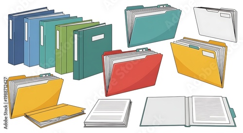 Assortment of file folders and binders, some open revealing documents