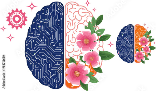 Creative Brain Concept with Technology Circuit and Floral Elements Fusion of Artificial Intelligence and Nature Growth Innovation Vector Illustration