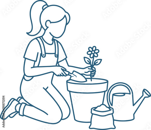 A woman is planting a flower in a pot