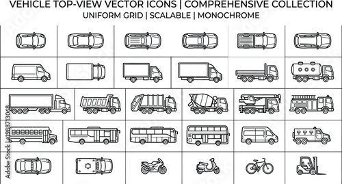 Vehicle top view vector icon set in monochrome line art. Overhead transport symbols including cars, trucks, buses, bicycle and wheelchair for city maps, traffic layouts and CAD design