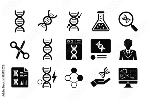 Genetics DNA icons illustration set, glyph silhouettes showing gene editing chromosome test tube inheritance chart and mutation report for science design.