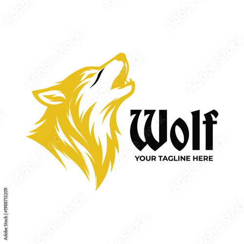 Golden wolf head illustration with stylized typography and tagline space
