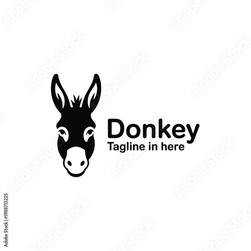 Minimalist black and white illustration of a donkey s head with text