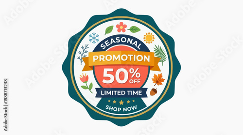 A colorful seasonal promotion badge with 50 percent off limited time offer and shop now call to action