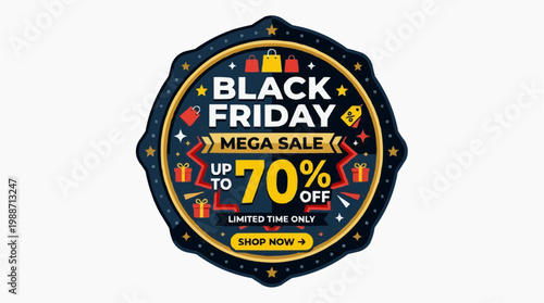 A colorful Black Friday mega sale badge with up to 70 percent off limited time offer
