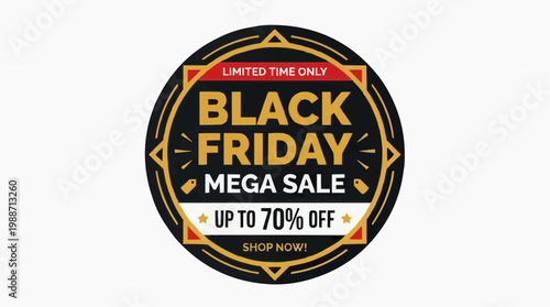 A vibrant Black Friday sale badge with a limited time offer of up to 70% off
