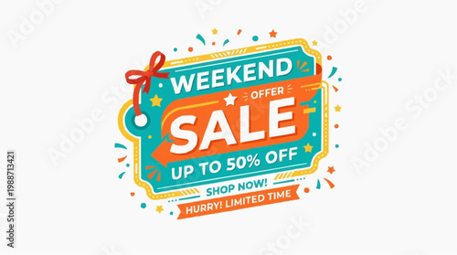 A colorful weekend sale vector graphic with up to 50% off offer