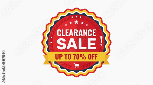 A colorful clearance sale badge with a red and yellow design on a white background