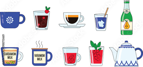 Assorted Beverage Vector Illustration Set Featuring Cardamom Milk, Espresso Coffee, Hibiscus Tea, Pear Soda, and Traditional Teapot for Cafe Menu and Morning Ritual Designs