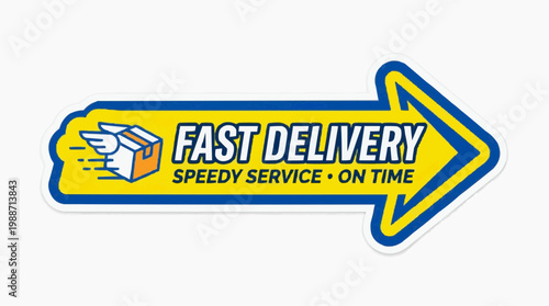 A vibrant yellow and blue vector graphic illustration of a fast delivery sign with a speeding box and arrow
