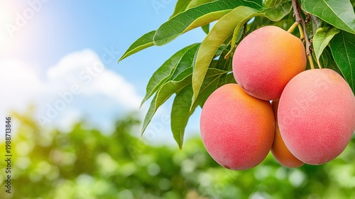 Red mangoes on a tree branch in garden.