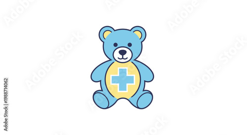 A Smiling Cartoon Teddy Bear with a Medical Cross Symbol on Its Body