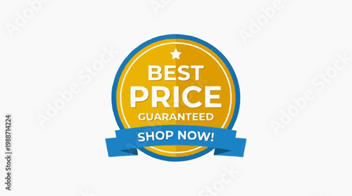 A vibrant yellow and blue vector graphic of a best price guarantee badge with a shop now ribbon
