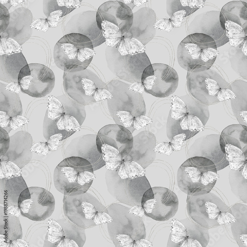 Foto Abstract nordic print with butterfies, geometric shapes and golden elements on grey background
