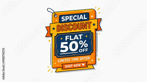 A vibrant vector graphic illustration of a special discount tag with a flat 50 percent off limited time offer