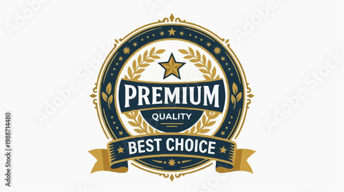 A premium quality best choice badge with a gold and blue design on a white background
