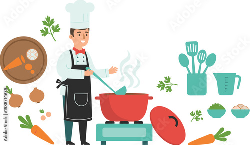 Colorful vector illustration of chef cooking with ingredients symbolizing culinary art and meal preparation