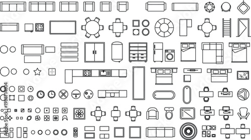 Architectural floor plan symbols mega set vector in top view. Thin line CAD icons of furniture, kitchen, bathroom, doors, windows and stairs for interior design, construction drawings and blueprints