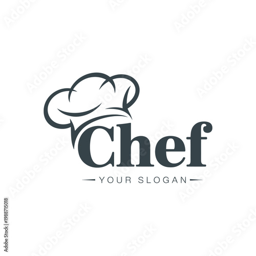 Minimalist logo featuring a chef s hat and the word chef in dark blue