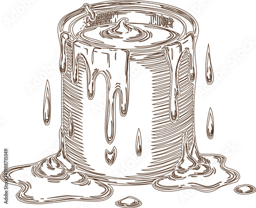 An engraving art style handdrawn illustration, a black and white illustration of a paint can with dripping paint