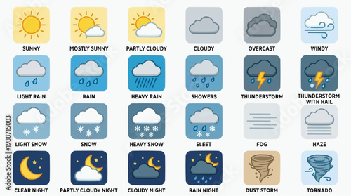 A vector graphic illustration of various weather icons on a white background