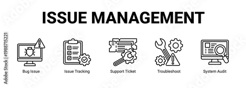 Issue Management web banner icon concept, with Bug Issue, Issue Tracking, Support Ticket, Troubleshoot.