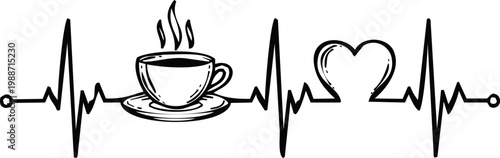An engraving art style handdrawn illustration, coffee heartbeat vector illustration, ekg line with coffee cup and heart shape