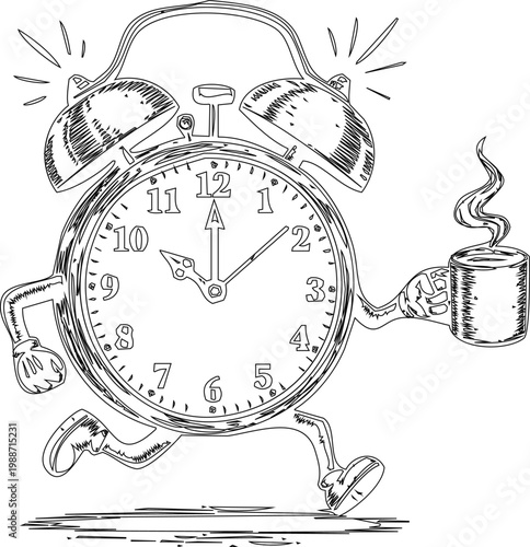 An engraving art style handdrawn illustration, cartoon alarm clock character running and holding a steaming cup of coffee