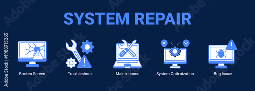 System Repair web banner icon concept, with Broken Screen, Troubleshoot, Maintenance, System Optimization.