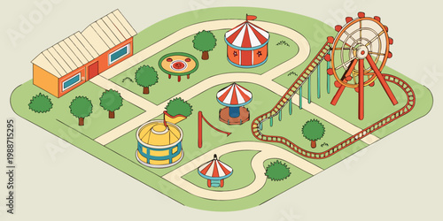 USA Theme Park Aerial Layout – Drone Top View of Amusement Park Design, Roller Coasters, Attractions & Colorful Landscape | Travel Tourism, Entertainment Masterplan Concept