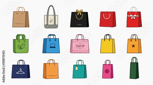 A colorful illustration of various shopping bags in different designs and colors.