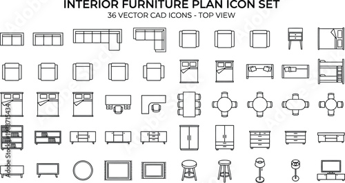 Interior furniture floor plan icon set vector. Top view thin line home symbols including sofas, beds, tables, chairs and cabinets for interior design, apartment layouts and CAD plans