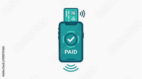 A vector graphic illustration of a teal payment terminal with a credit card and a checkmark indicating a successful transaction