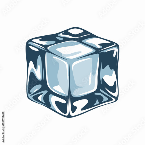 A detailed illustration of a single ice cube with shiny surface and reflections on its sides