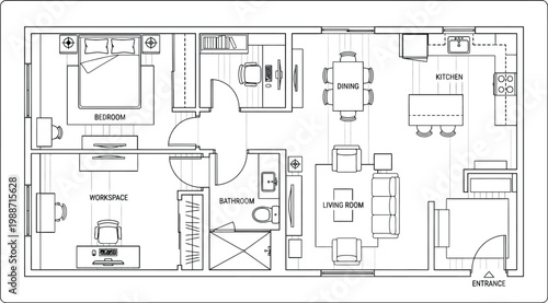 Black and white apartment floor plan vector layout. Top view modern home blueprint with bedroom, kitchen, bathroom and living areas, furniture and dimensions for real estate and CAD design
