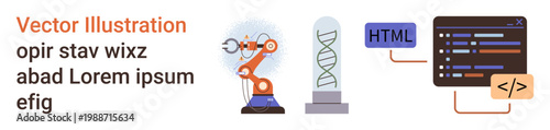 Digital transformation, biotechnology, automation, programming, innovation, artificial intelligence. Robotic arm, DNA helix and coding interface. Automation and biotechnology concepts