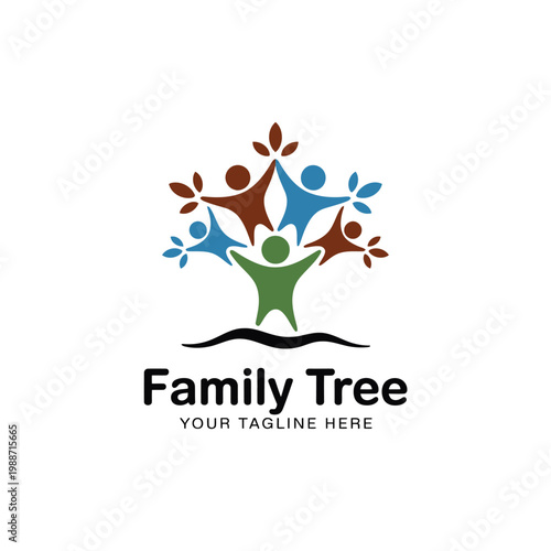 Abstract family tree logo with colorful figures and flowing base design