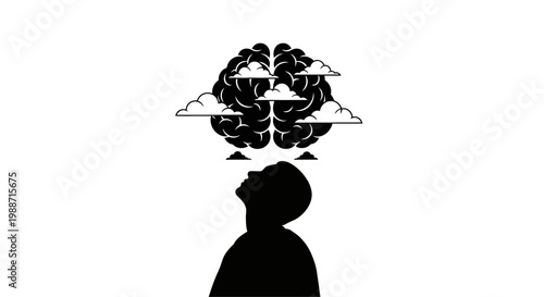 Person silhouette with a brain and clouds.