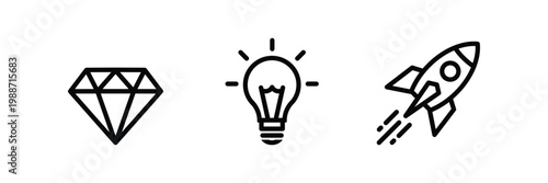 Mission vision and values icon set with rocket light bulb and diamond symbols, business purpose three step concept vector illustration