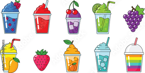 Colorful Frozen Slushie and Fruit Smoothie Vector Illustration Set Featuring Blue Raspberry, Cherry, Lime, Mango, and Rainbow Shaved Ice for Summer Refreshment Designs