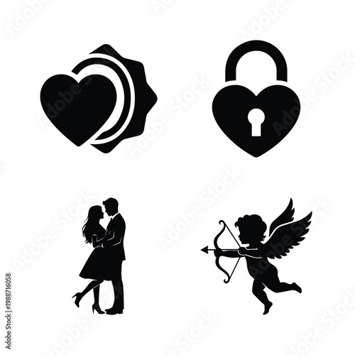 Valentine's day love symbols and couple set with heart padlock and cupid