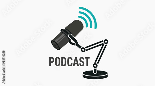 A minimalist vector graphic illustration of a podcast microphone with a signal wave