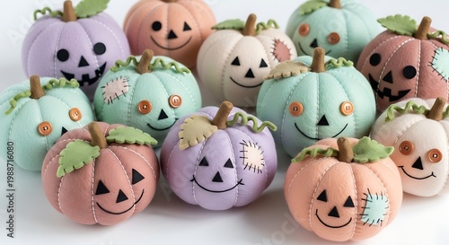 Assortment of whimsical, pastel fabric pumpkins with stitched faces