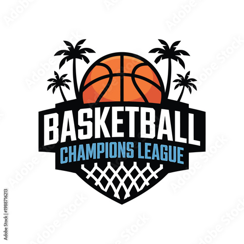 Basketball champions league logo with palm trees and a net design