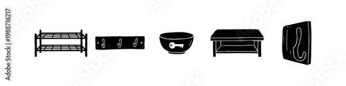 A set of black and white hand-drawn icons featuring hallway furniture: a shoe rack, coat rack, key bowl, console table, and wall hook. Perfect for interior design and organization concepts.