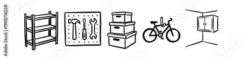 Hand-drawn doodle icons of garage organization and storage solutions including shelving, tool pegboard, boxes, bicycle wall mount, and cabinet. Clean black line art on a white background.